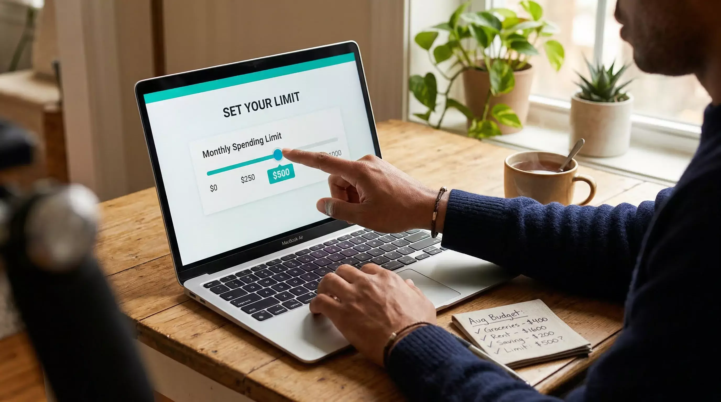 Person setting spending limits on laptop for responsible sweepstakes casino gambling